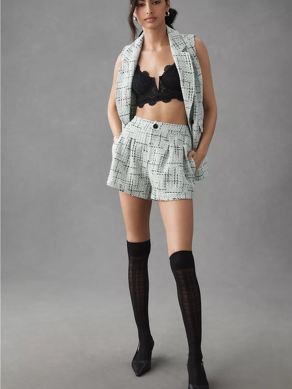 Anthropologie Light Mint Plaid High-Waist Tailored Shorts